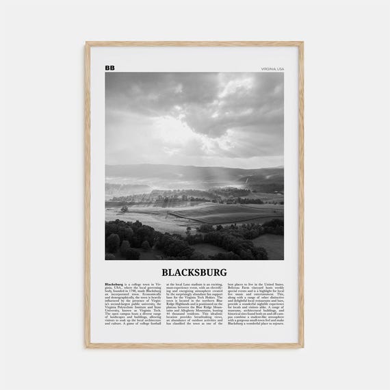 Blacksburg, Virginia Black and White Map Poster Print