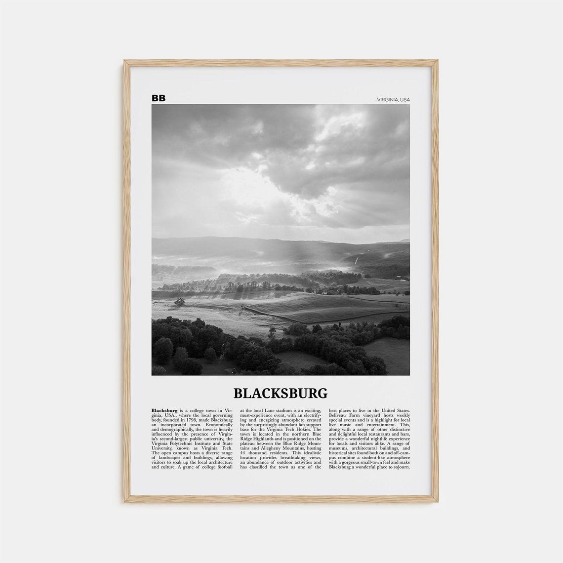 Blacksburg, Virginia Black and White Map Poster Print