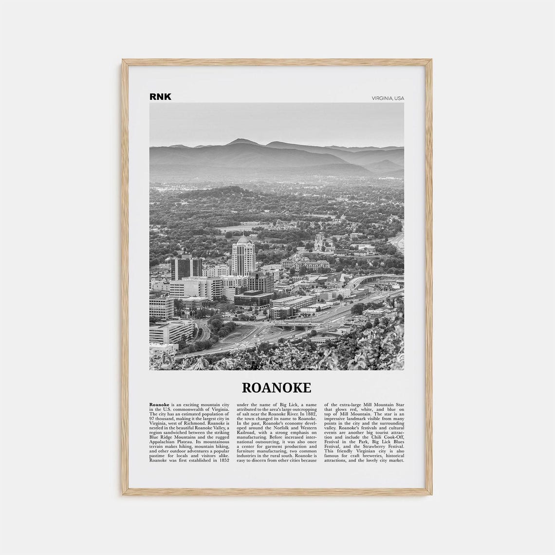 Roanoke, Virginia Black and White Travel Poster