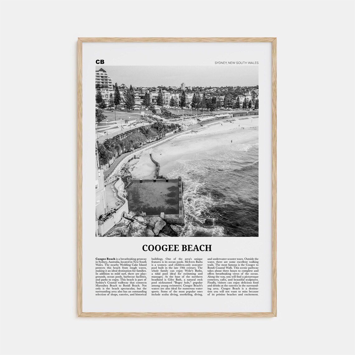 Coogee Beach Black and White Travel Poster, Australia