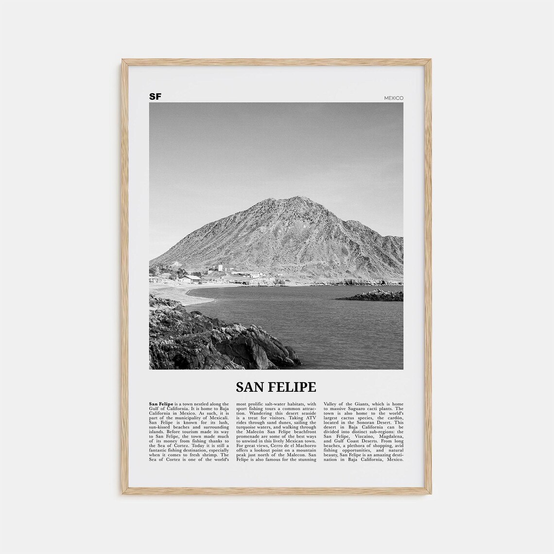 San Felipe Black and White Travel Map Poster, Mexico