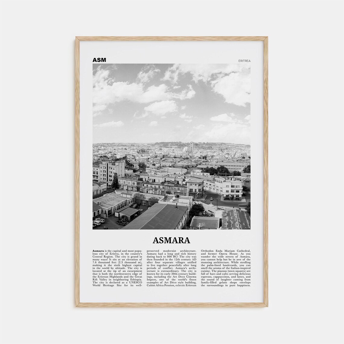 Asmara Black and White Travel Poster, Eritrea City