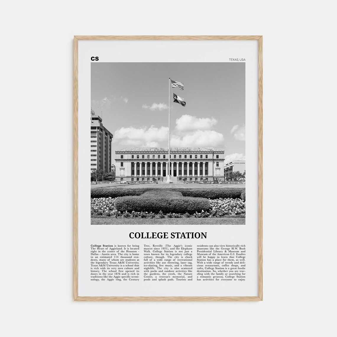 College Station Black and White Travel Poster