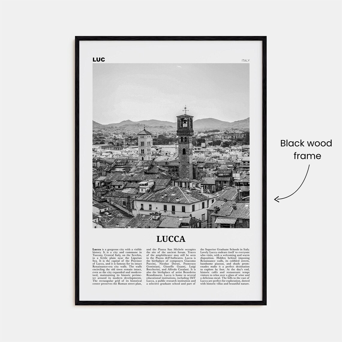 Lucca Black And White Travel Poster, Italy Tuscany - Image 3