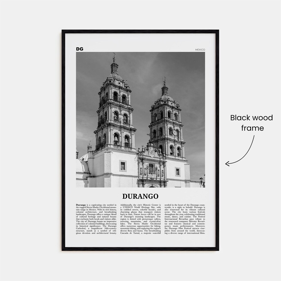 Durango, Mexico Black and White Travel Poster - Image 3