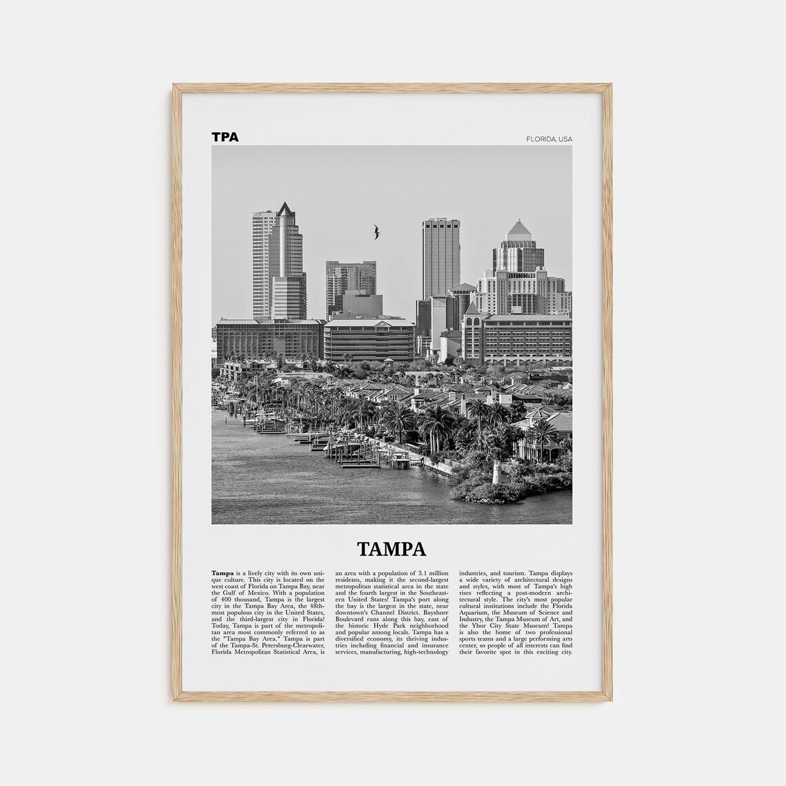 Tampa Black and White Travel Poster, Florida USA