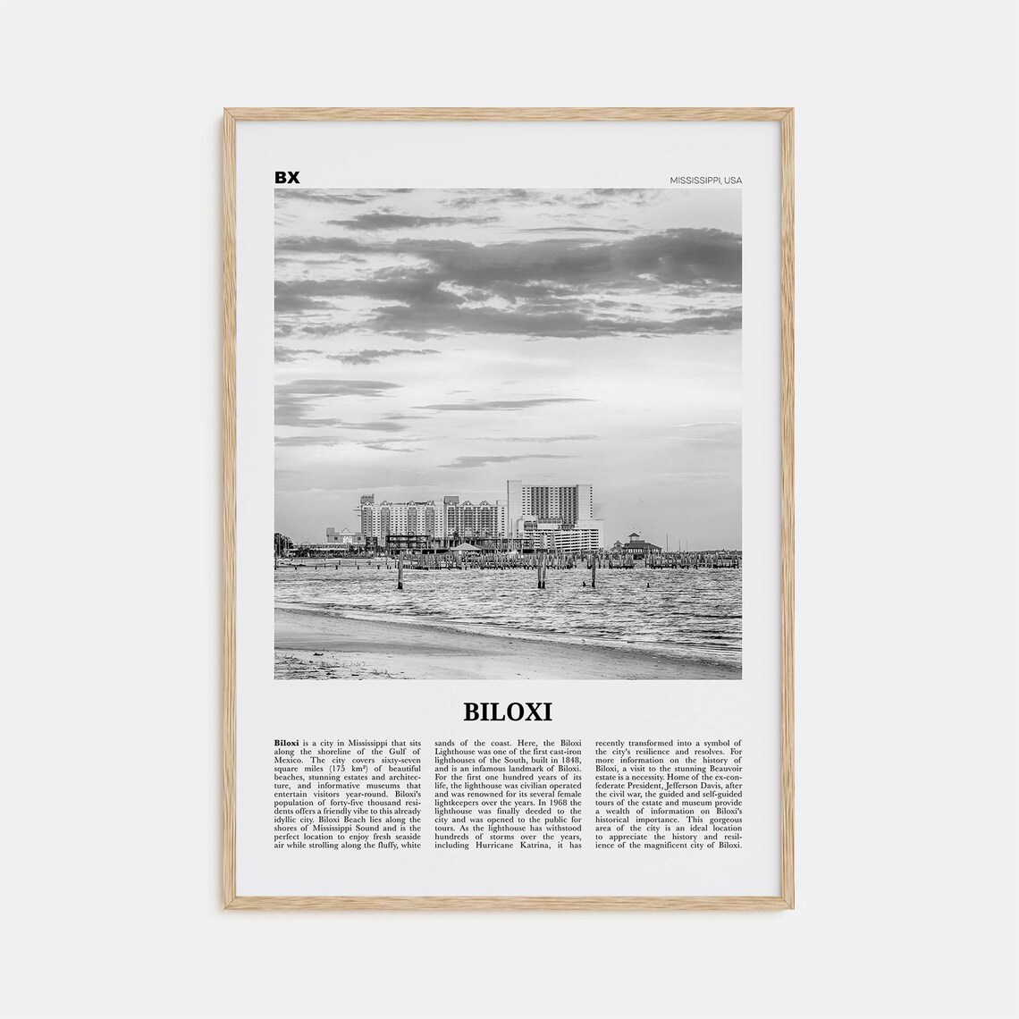Biloxi Black and White Map Art Print, Mississippi