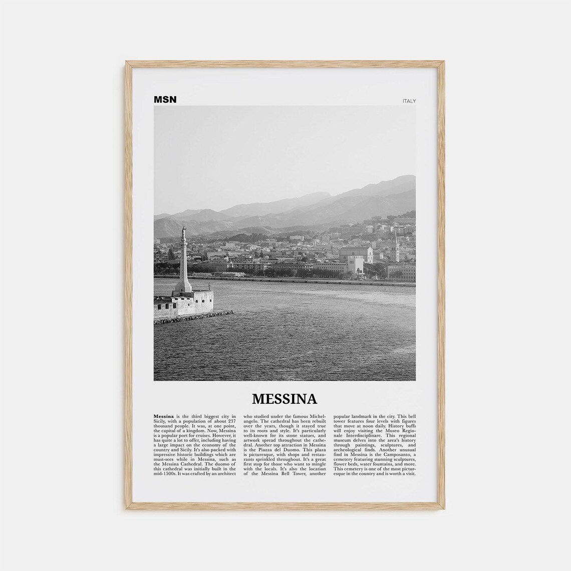 Messina Black and White Travel Poster, Italy Map