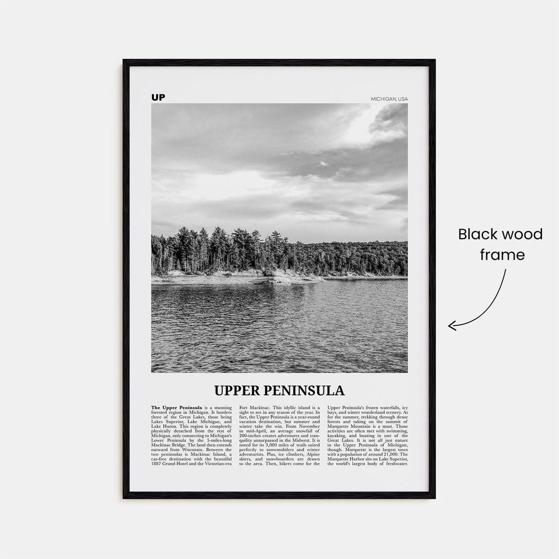 Upper Peninsula Black And White Map Art Print - Image 3