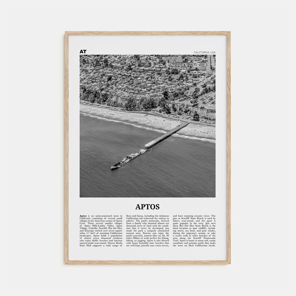 Aptos Black and White Travel Poster, California Map
