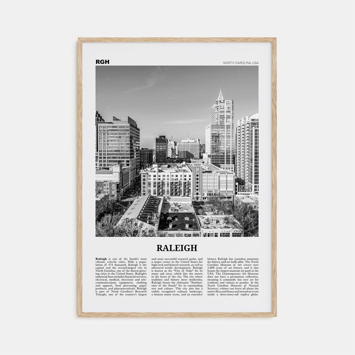 Raleigh Black and White Travel Poster, North Carolina
