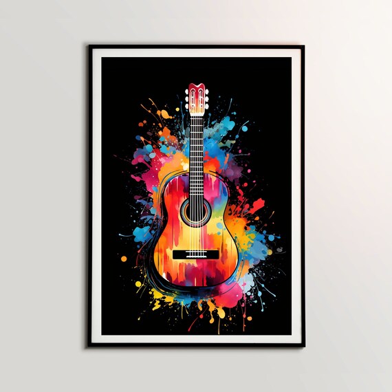 Acoustic Guitar Watercolor Splash Rainbow Black Background Poster