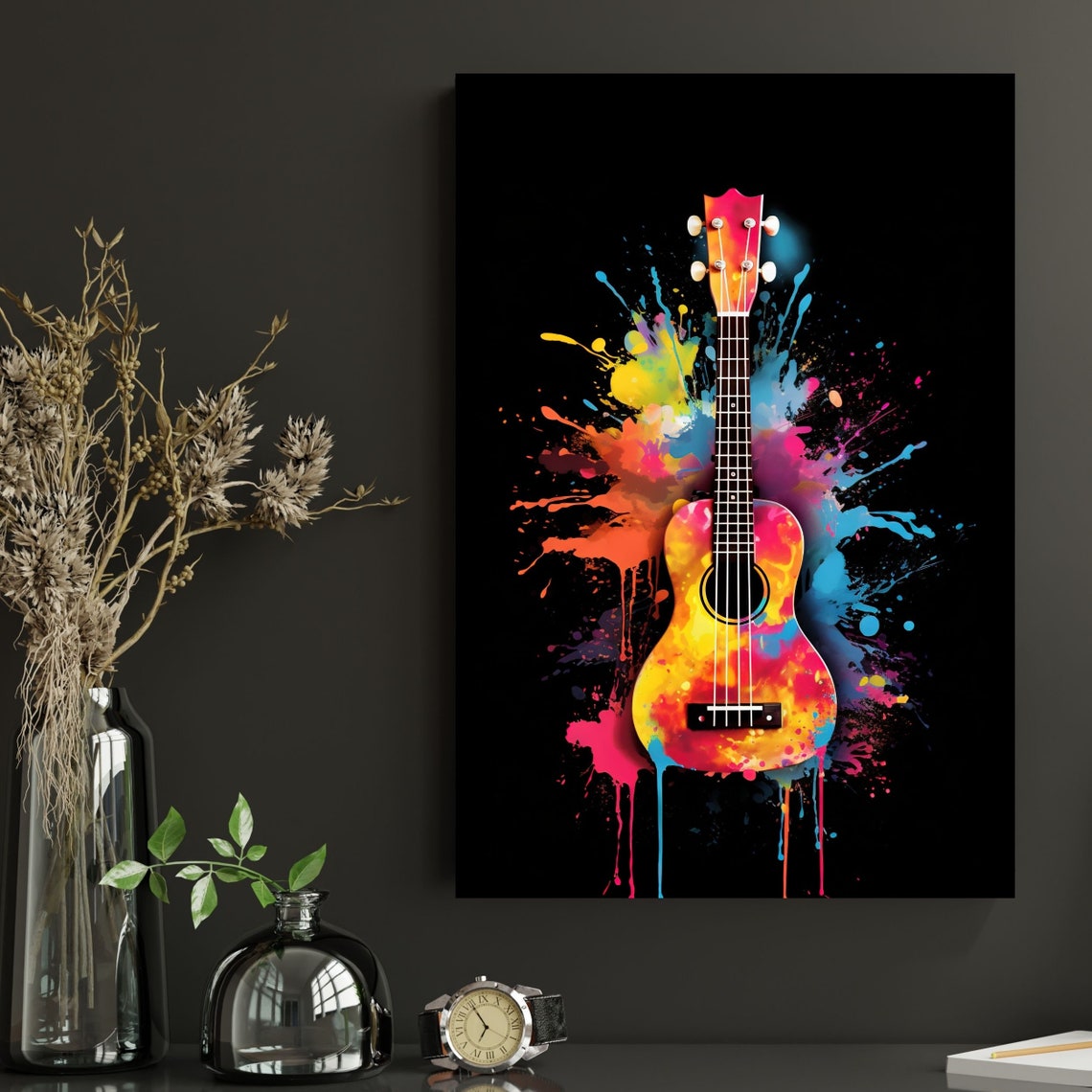 Ukulele Watercolor Splash Rainbow Black Background Music Poster - Image 3