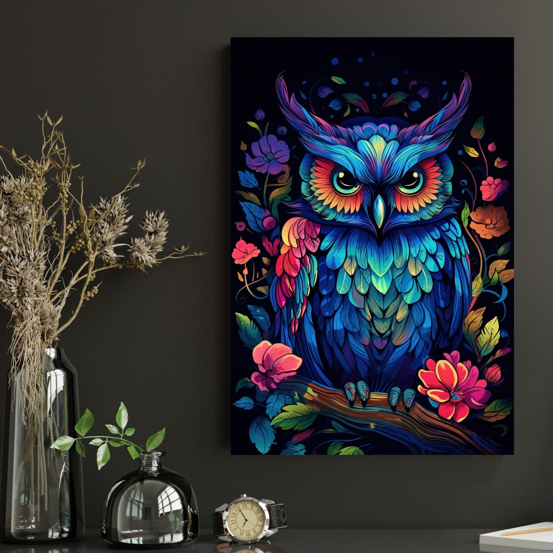 Vibrant Neon Owl Colorful Floral Night Tropical Bird Art Poster - Image 2