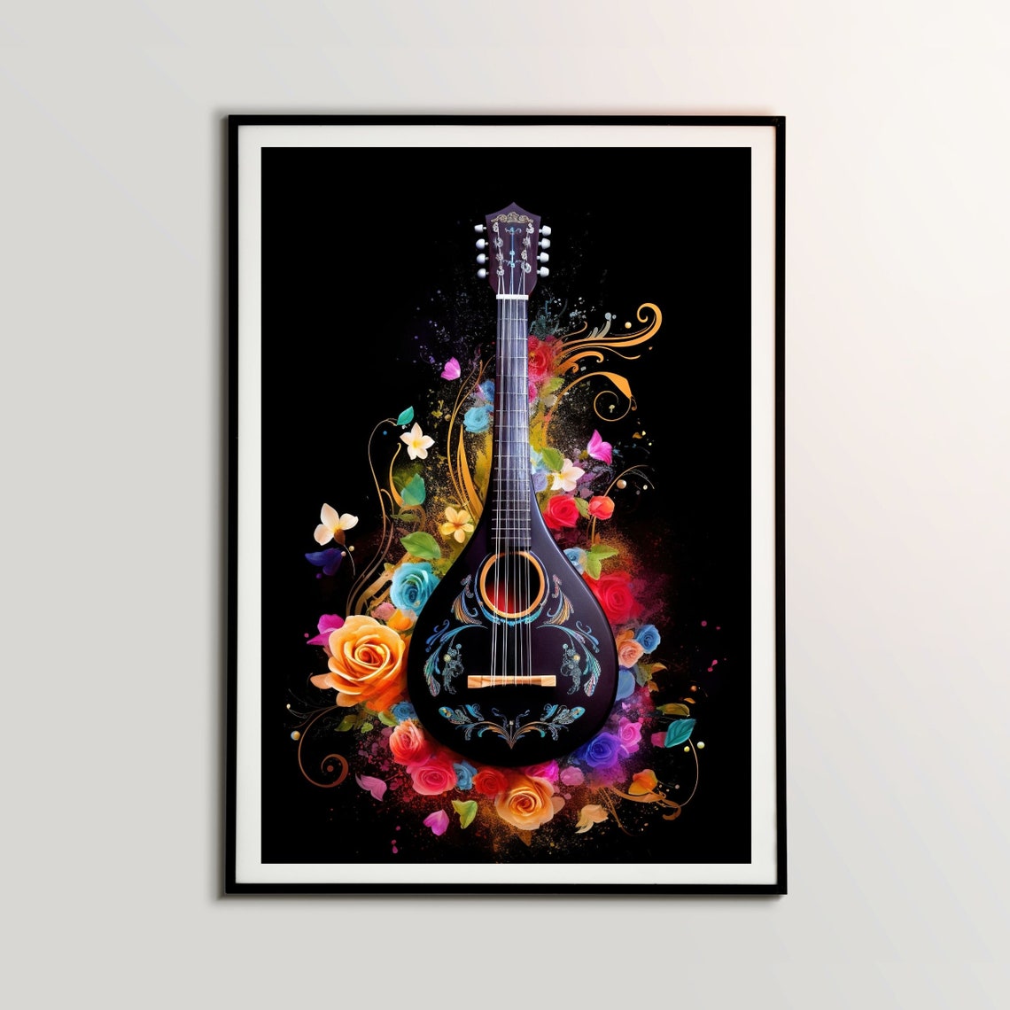 Bouzouki Floral Watercolor String Instrument Black Music Poster