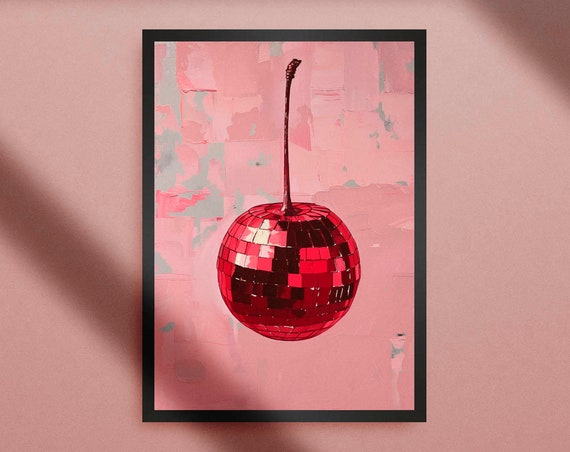Cherry Mirror Ball Pink Print Coquette Wall Decor Eclectic Style Oil Painting Art
