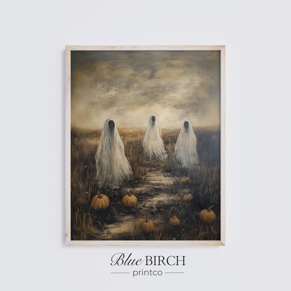 Vintage Halloween Ghosts Oil Painting Spooky Autumn Art Rustic Fall Decor Charming Wall Scene Print 112