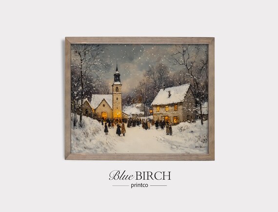 Vintage Christmas Village Church Gathering In Snowfall Nostalgic Holiday Poster