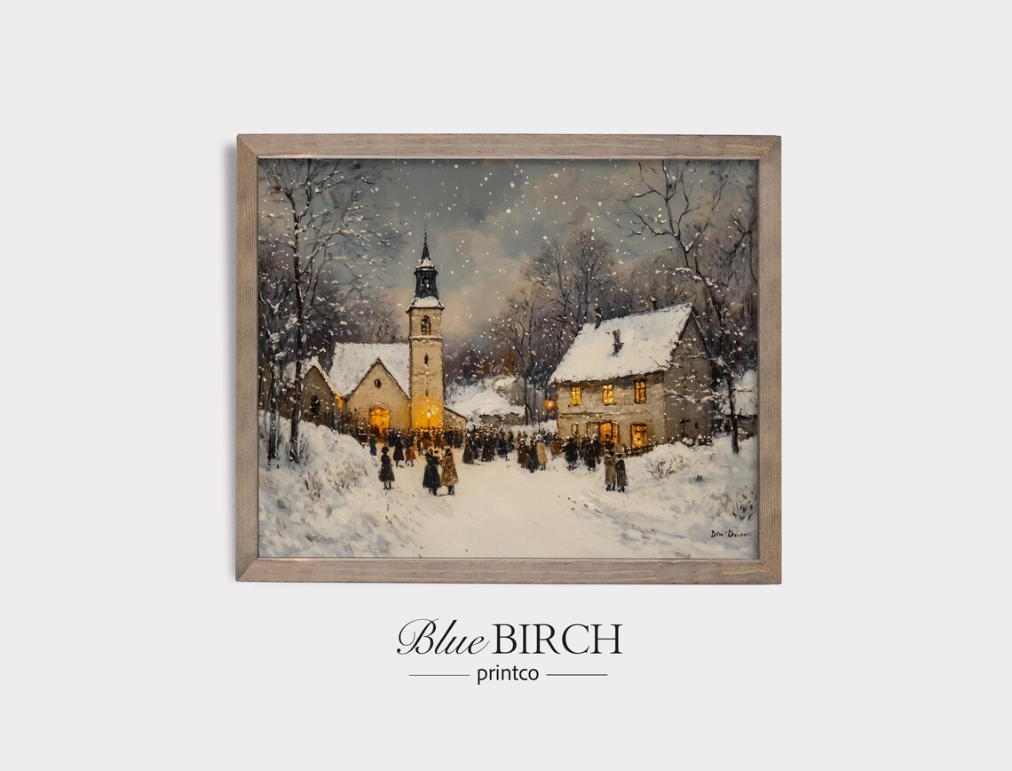 Vintage Christmas Village Church Gathering In Snowfall Nostalgic Holiday Poster