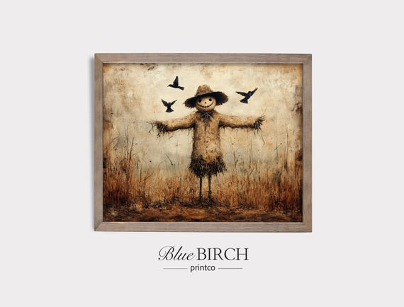 Rustic Scarecrow Painting Moody Autumn Wall Art Earthy Tones Crooked Grin Artwork Spooky Fall Decor Bird Scene Vintage 454
