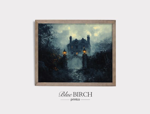 Gothic Victorian Mansion Painting Moody Vintage Wall Art Dark Halloween Decor Haunted House Scene Mysterious Night 50