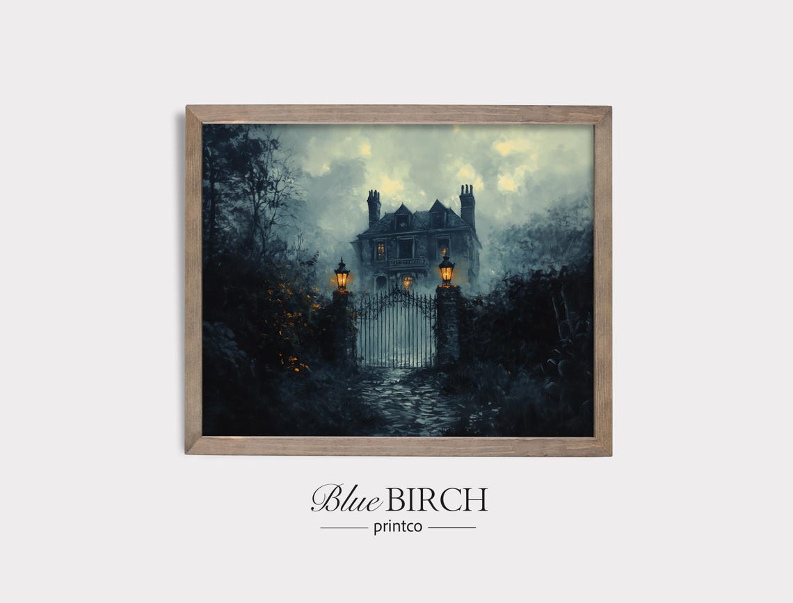Gothic Victorian Mansion Night Fog Iron Gate Lanterns Wall Art