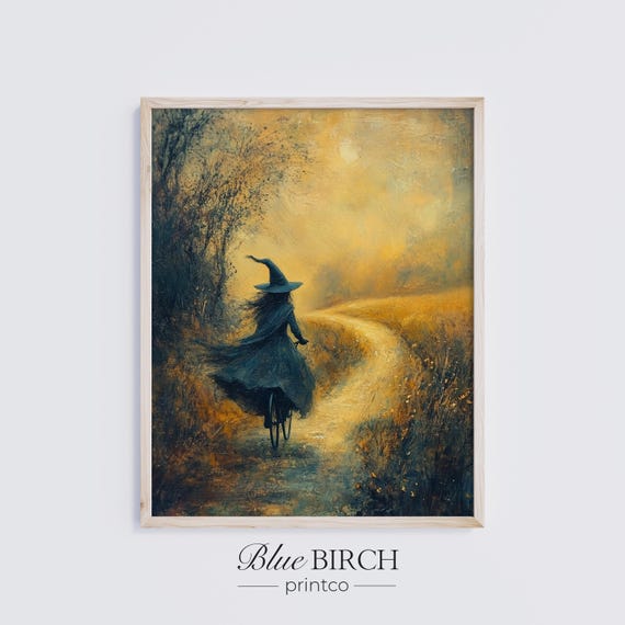 Vintage Witch Riding Through Autumn Landscape Style Oil Painting Charming Fall Wall Art Halloween Decor 194