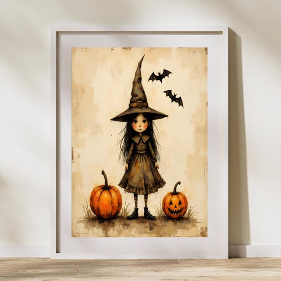 Cute Little Witch Wall Art Vintage Halloween Girl With Pumpkins Bats Neutral Boho Poster Folk Canvas Spooky Season Decor