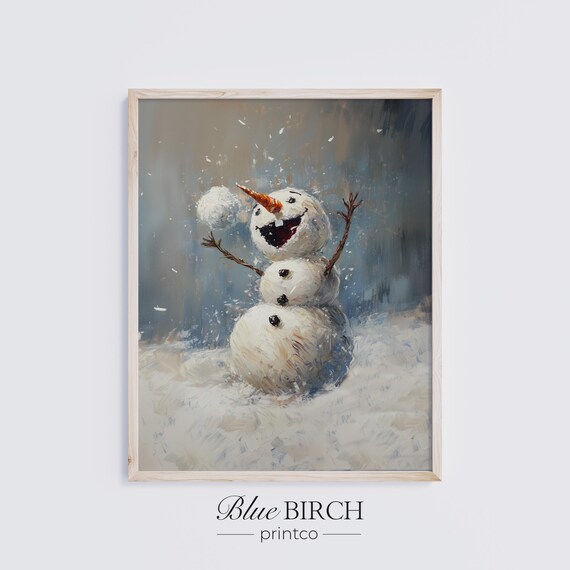 Joyful Laughing Snowman Snowball Winter Oil Painting Art Poster