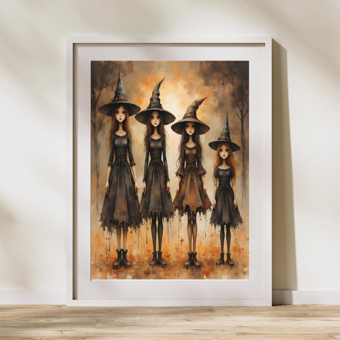 Witch Coven Wall Art Vintage Halloween Witches Poster Neutral Boho Decor Gothic Fall Canvas Four In A Forest