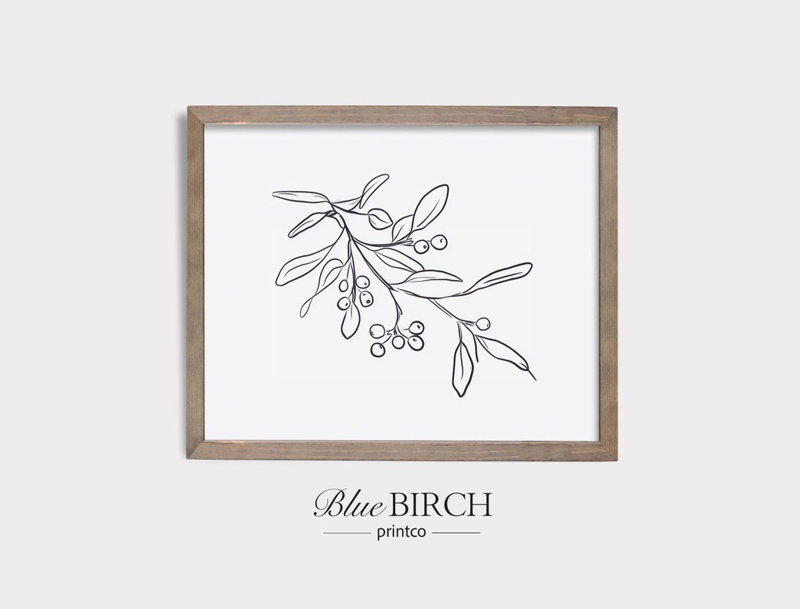 Mistletoe With Berries Sketch Minimal Ink Line Art Rustic Holiday Decor Christmas Wall Winter Botanical Drawing 398