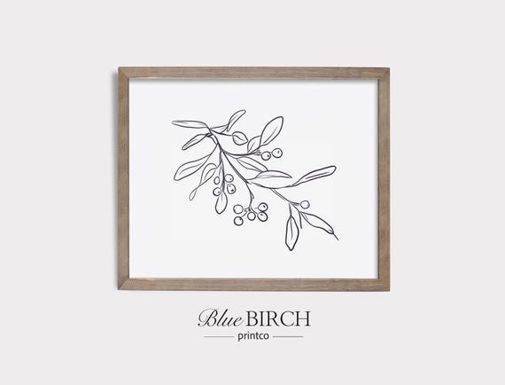 Mistletoe With Berries Sketch Minimal Ink Line Art Rustic Holiday Decor Christmas Wall Winter Botanical Drawing 398