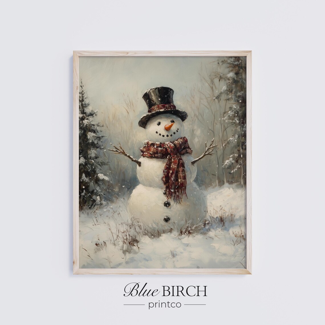 Vintage Snowman Top Hat Scarf Snowy Woods Moody Christmas Poster Art