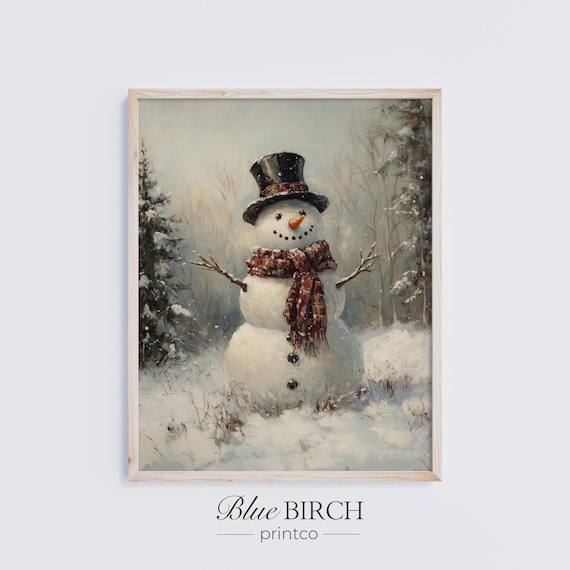 Vintage Snowman Top Hat Scarf Snowy Woods Moody Christmas Poster Art
