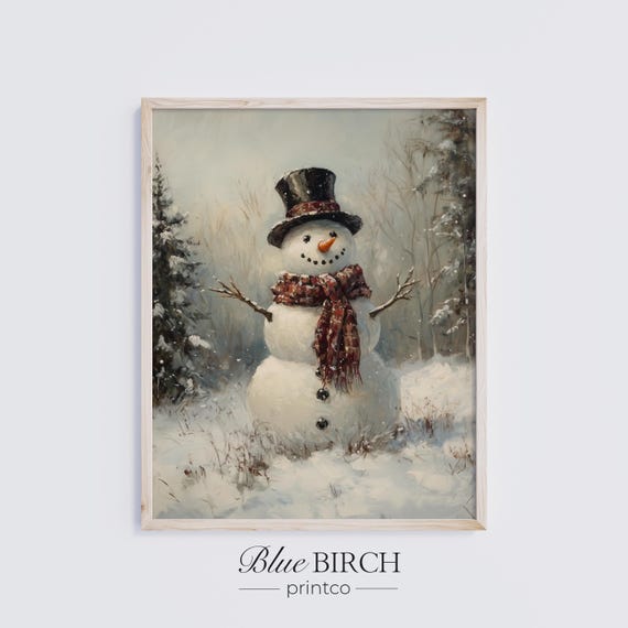 Vintage Snowman Wall Art Moody Winter Holiday Christmas Decor Cozy Rustic Snow Scene 134