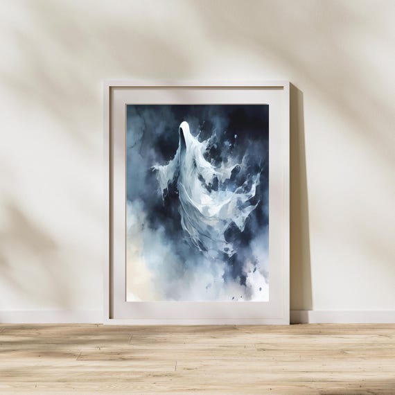 Watercolor Floating Wall Art Moody Blue Spectral Spirit Abstract Halloween Decor Phantom Poster Haunted