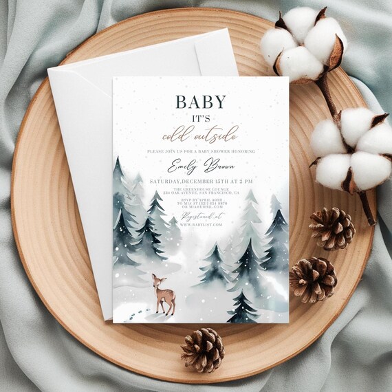 Baby Shower Invitation Winter Deer Pine Forest Cold Outside Print