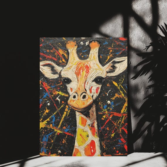 Colorful Giraffe Canvas Abstract Animal Painting Urban Jungle Print For Nursery Gift Dorm Office Or Modern Graffiti Decor