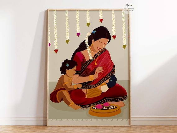 South Mother And Child Art Print Vibrant Saree Maternal Love Desi Gift Pregnancy