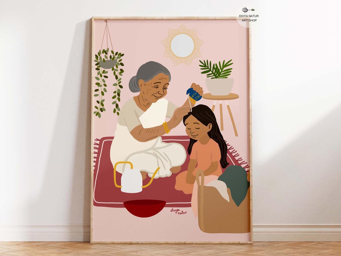 Grandmother Oiling a Child's Hair Tender Family Love Art Poster