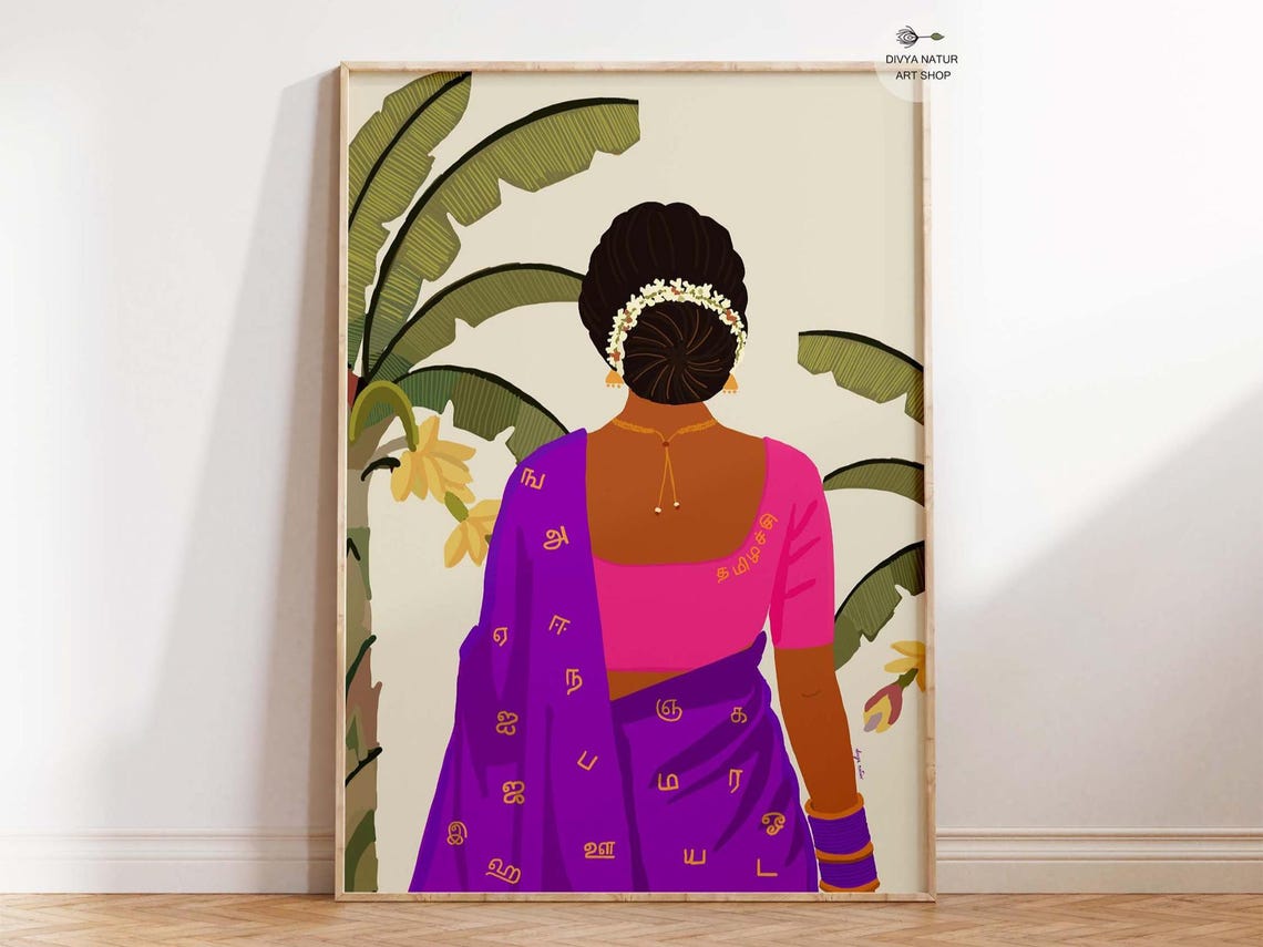 Tamil Woman In Purple Saree With Tamil Letters Traditional Art Poster