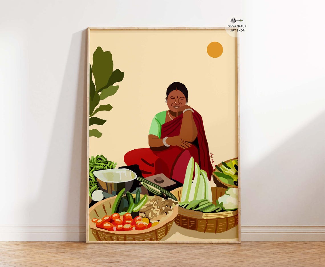 Indian Vegetable Seller Woman Market Scene Cultural Art Poster