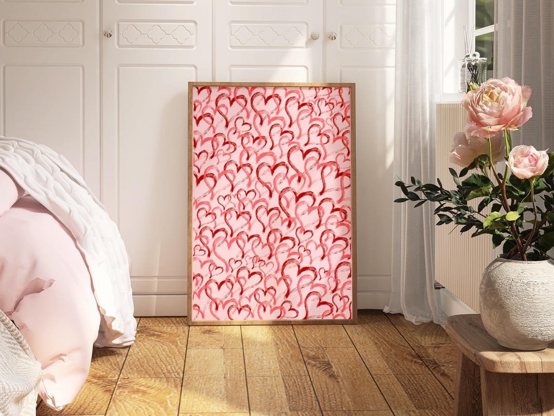 Pink Red Hearts Graffiti Pattern Girly Preppy Bedroom Wall Poster - Image 2