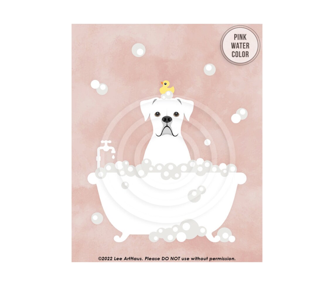 White Boxer Dog Bubble Bath Rubber Ducky Pink Bathroom Dog Poster