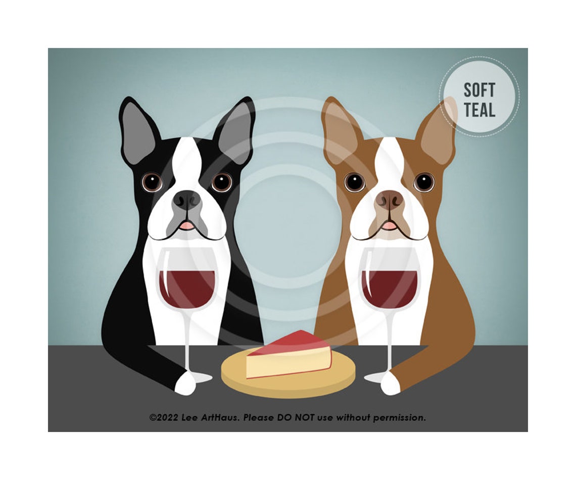 Two Boston Terriers Sharing Wine Glasses and Cheese Funny Poster
