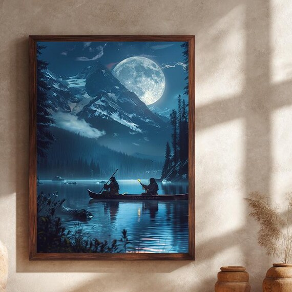 Full Moon Canoe Mountain Lake Night Paddling Mystical Nature Scenic Poster