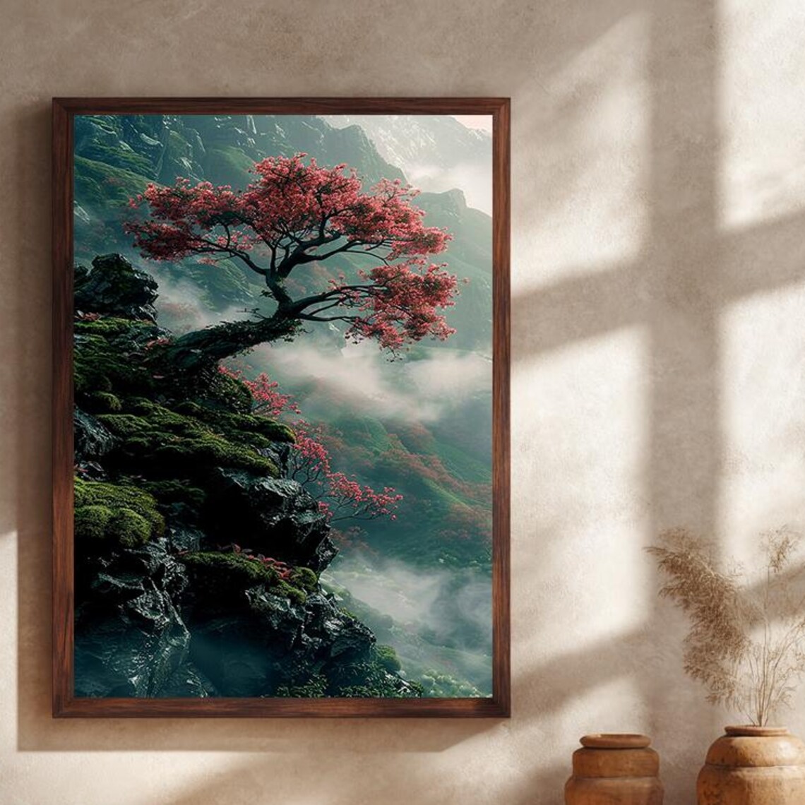 Red Blossom Tree Misty Mountain Cliff Romantic Landscape Art Print
