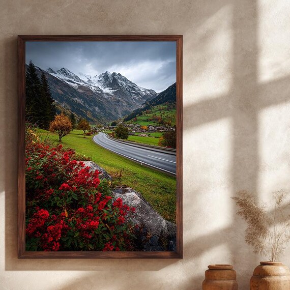 Autumn Alpine Mountain Road Snowy Peaks Village Landscape Poster