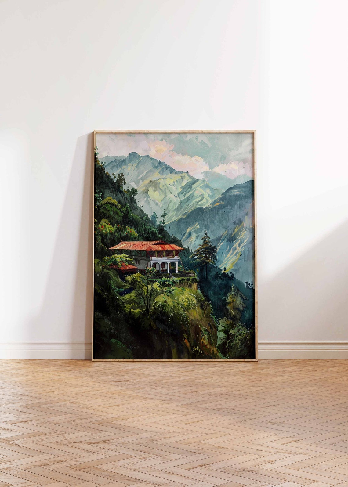 Himalayan Mountain Lodge on Forest Cliff Misty Peaks Landscape Poster - Image 2