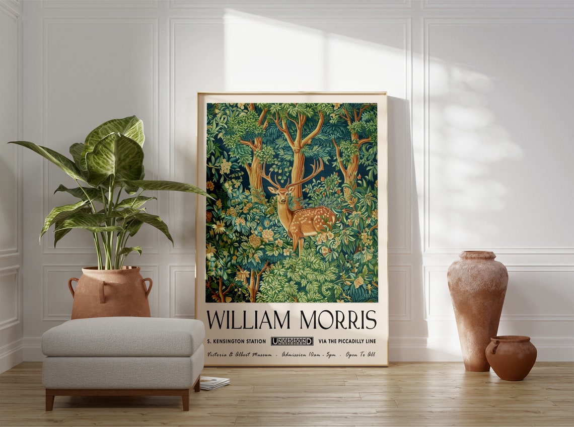 William Morris Deer in Dense Green Forest Botanical Style Poster - Image 3